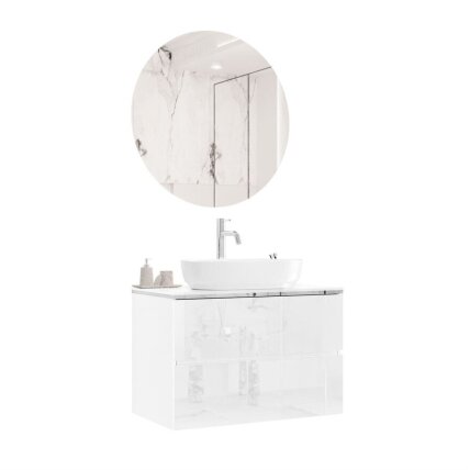 AURORA SILVER80, pakabinamas vonios baldų komplektas su LED veidrodžiu, chromuotu maišytuvu ir ovaliu praustuvu, baltas blizgus AURORA SILVER80, pakabinamas vonios baldų komplektas su LED veidrodžiu, chromuotu maišytuvu ir ovaliu praustuvu, baltas blizgus