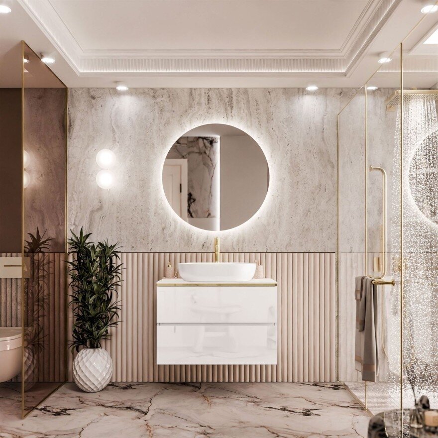 AURORA GOLD80, pakabinamas vonios baldų komplektas su LED veidrodžiu, ovaliu praustuvu ir auksiniu maišytuvu, baltas blizgus 2 AURORA GOLD80, pakabinamas vonios baldų komplektas su LED veidrodžiu, ovaliu praustuvu ir auksiniu maišytuvu, baltas blizgus 2