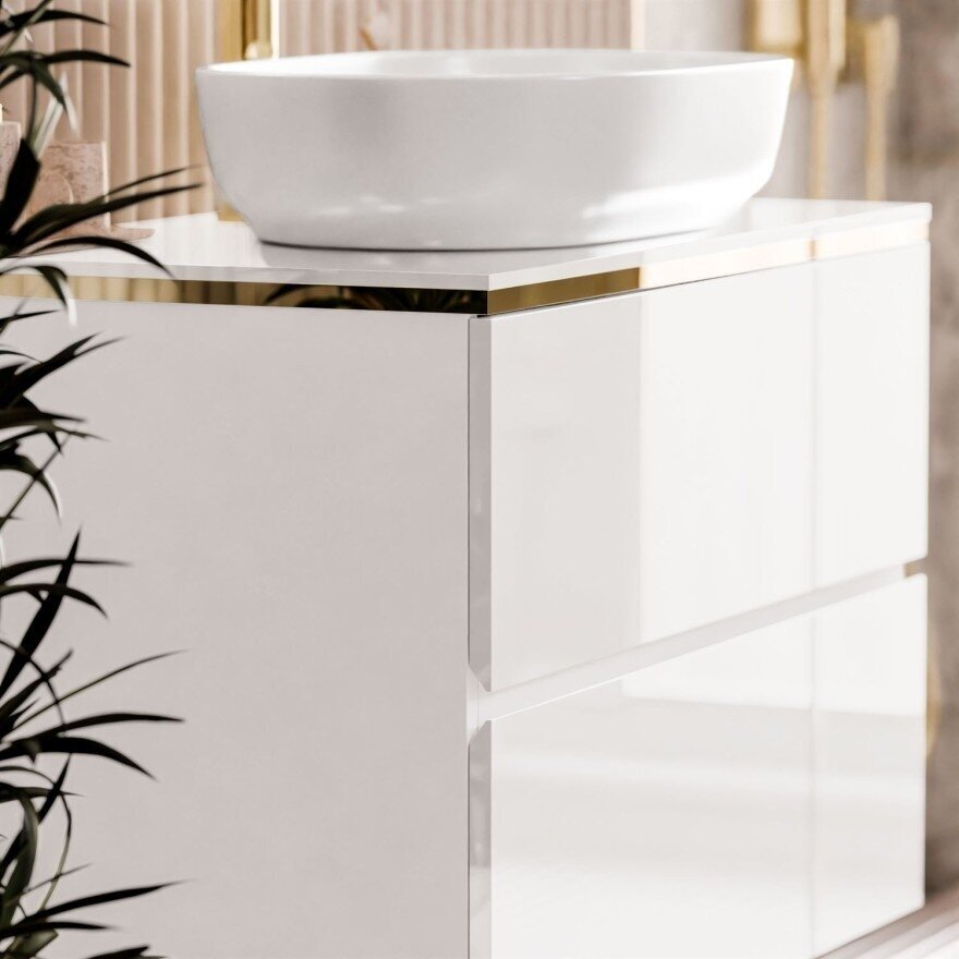 AURORA GOLD80, pakabinamas vonios baldų komplektas su LED veidrodžiu, ovaliu praustuvu ir auksiniu maišytuvu, baltas blizgus 3