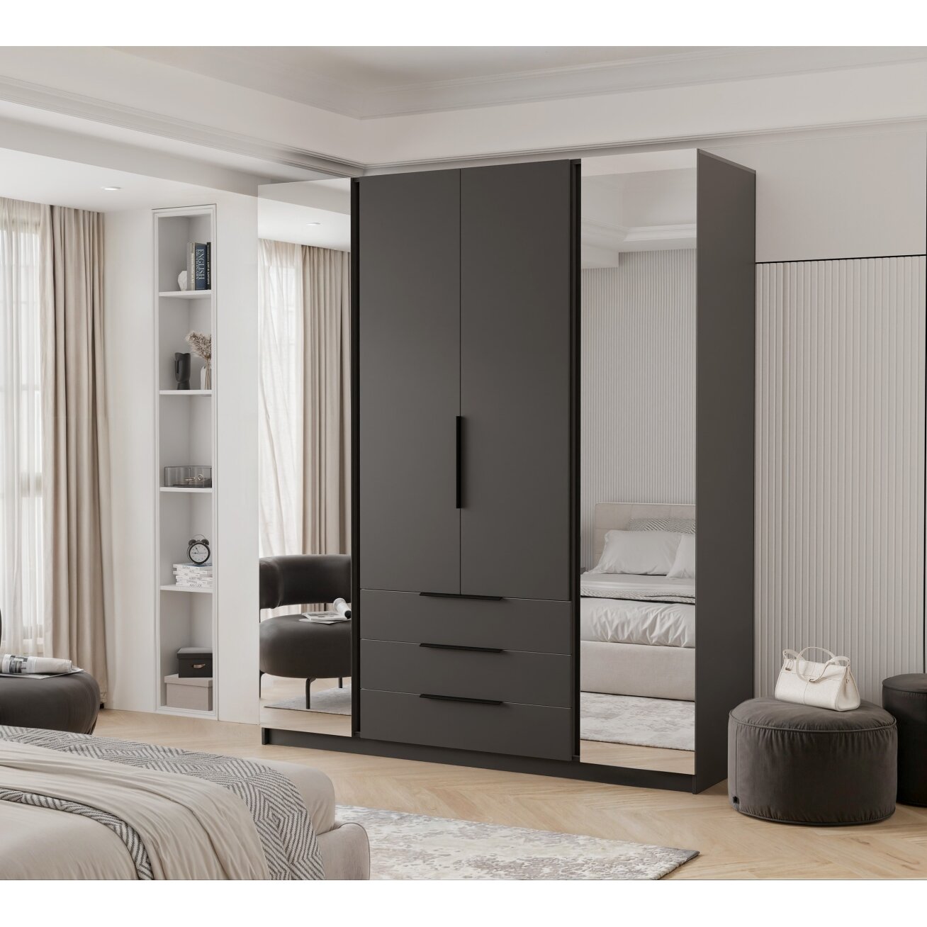 Keturdurė varstoma spinta VERONA su veidrodžiu ir stalčiais Spalvos: Juoda, LED apšvietimas: taip 3 Keturdurė varstoma spinta VERONA su veidrodžiu ir stalčiais Spalvos: Juoda, LED apšvietimas: taip 3