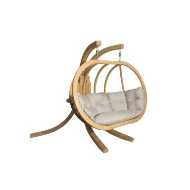 Dvivietis medinis pakabinamas krėslas su stovu SWING POD XL + kreminės spalvos pagalvė