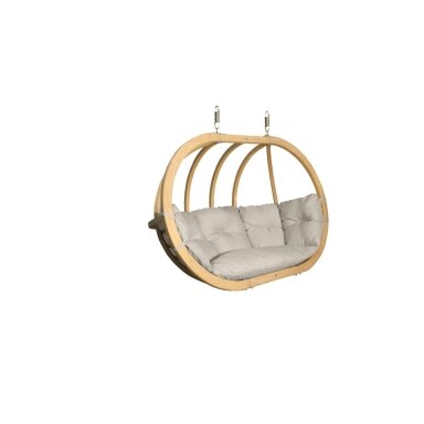 Dvivietis medinis pakabinamas krėslas SWING POD XL su kreminės spalvos pagalve (be stovo)