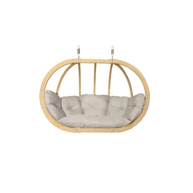 Dvivietis medinis pakabinamas krėslas SWING POD XL su kreminės spalvos pagalve (be stovo)