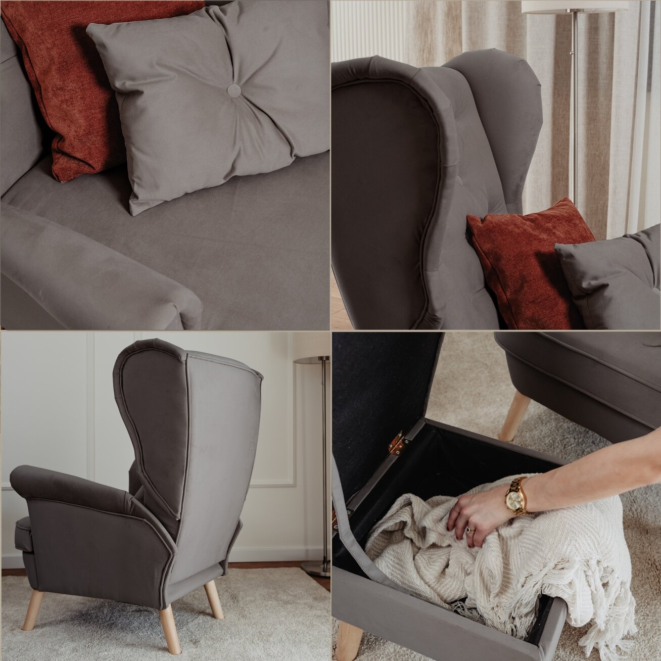 Minkštas, apmuštas „uszak“ fotelis su pakoju CLASSIC Kojų spalva: Wenge, Spalvos: Trinity 34 (Grafito) 4 Minkštas, apmuštas „uszak“ fotelis su pakoju CLASSIC Kojų spalva: Wenge, Spalvos: Trinity 34 (Grafito) 4