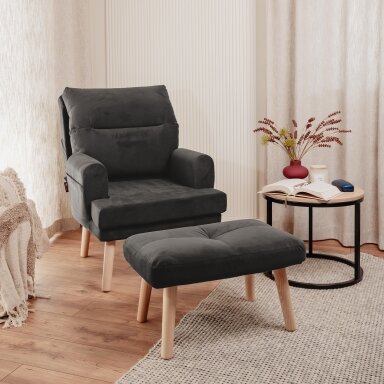 Išskleidžiamas fotelis su pakoju NEMO, aptrauktas audiniu, ant medinių kojelių Kojelių spalva: Juodos, Spalvos: Trinity 34 (Grafitinė)