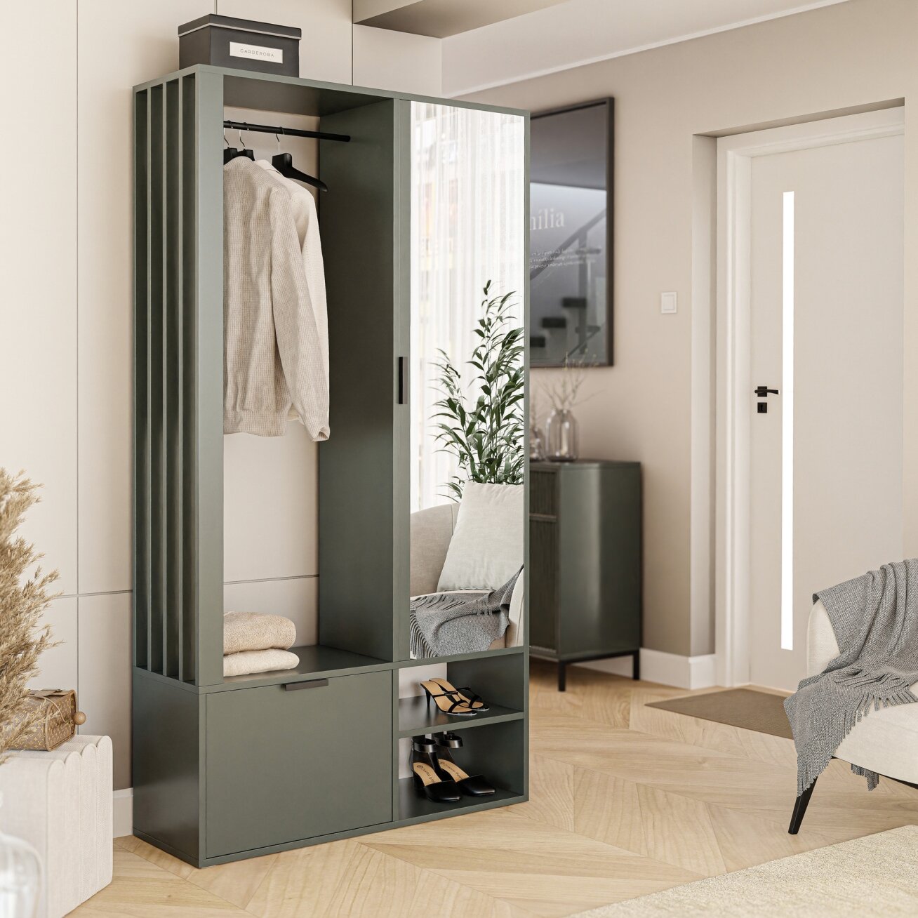 Prieškambario spinta su veidrodžiu ir lamelėmis MILO Spalvos: Greenstone (žalia)