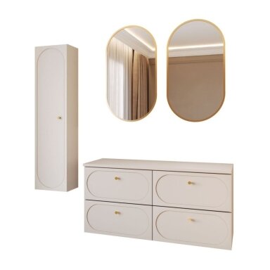 IVORY120, pakabinamas vonios baldų komplektas su 2 LED veidrodžiais, 2 praustuvais ir 2 auksiniais maišytuvais, smėlio spalvos