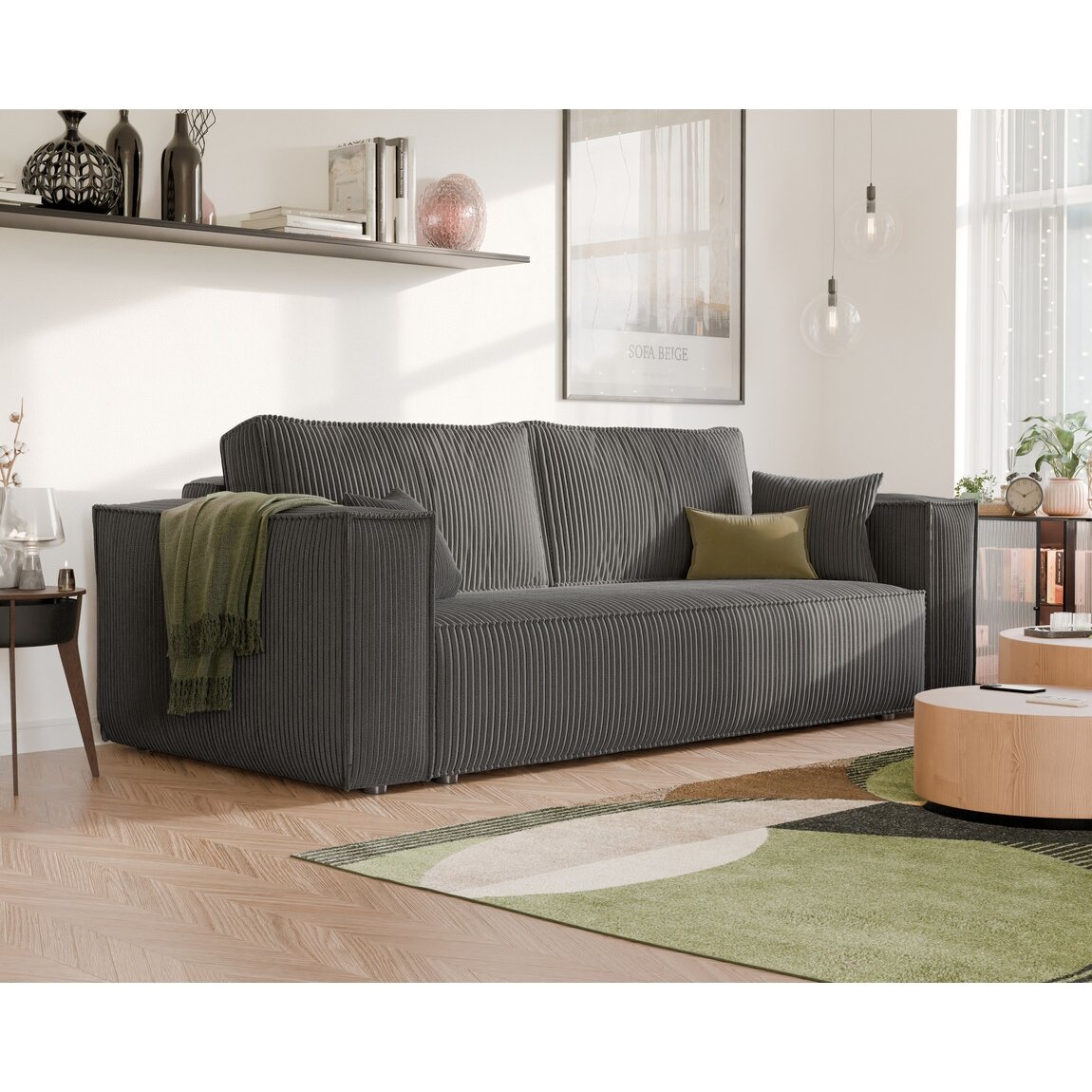 Minkšta kanapa-sofa BALI su miego funkcija ir patalynės dėže Spalvos: Poso 34 (Tamsiai pilka)