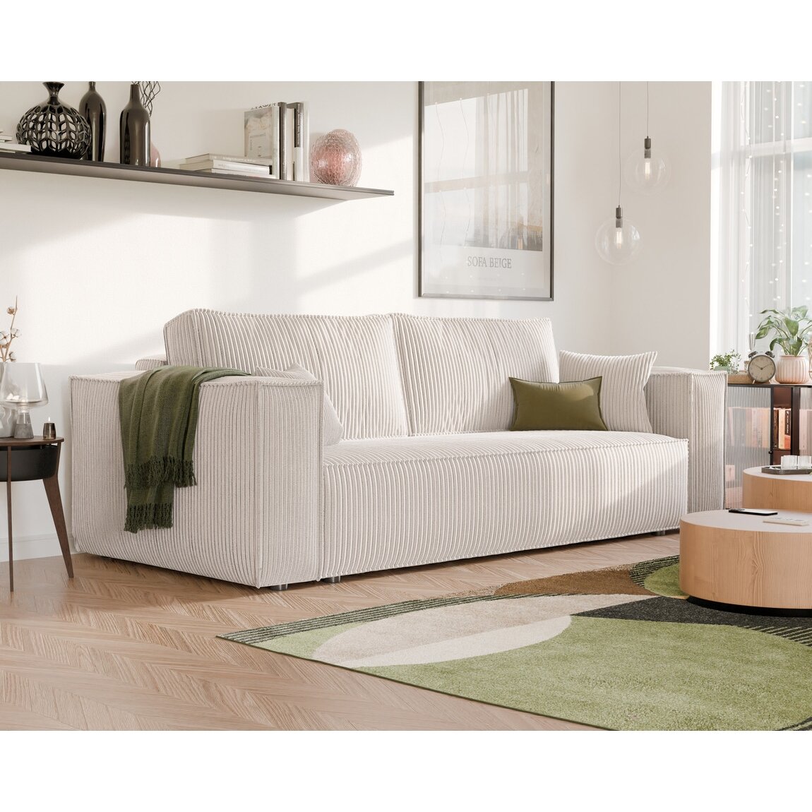 Minkšta sofa-lova BALI su miego funkcija ir patalynės dėže Spalvos: Poso 100 (Kreminė)