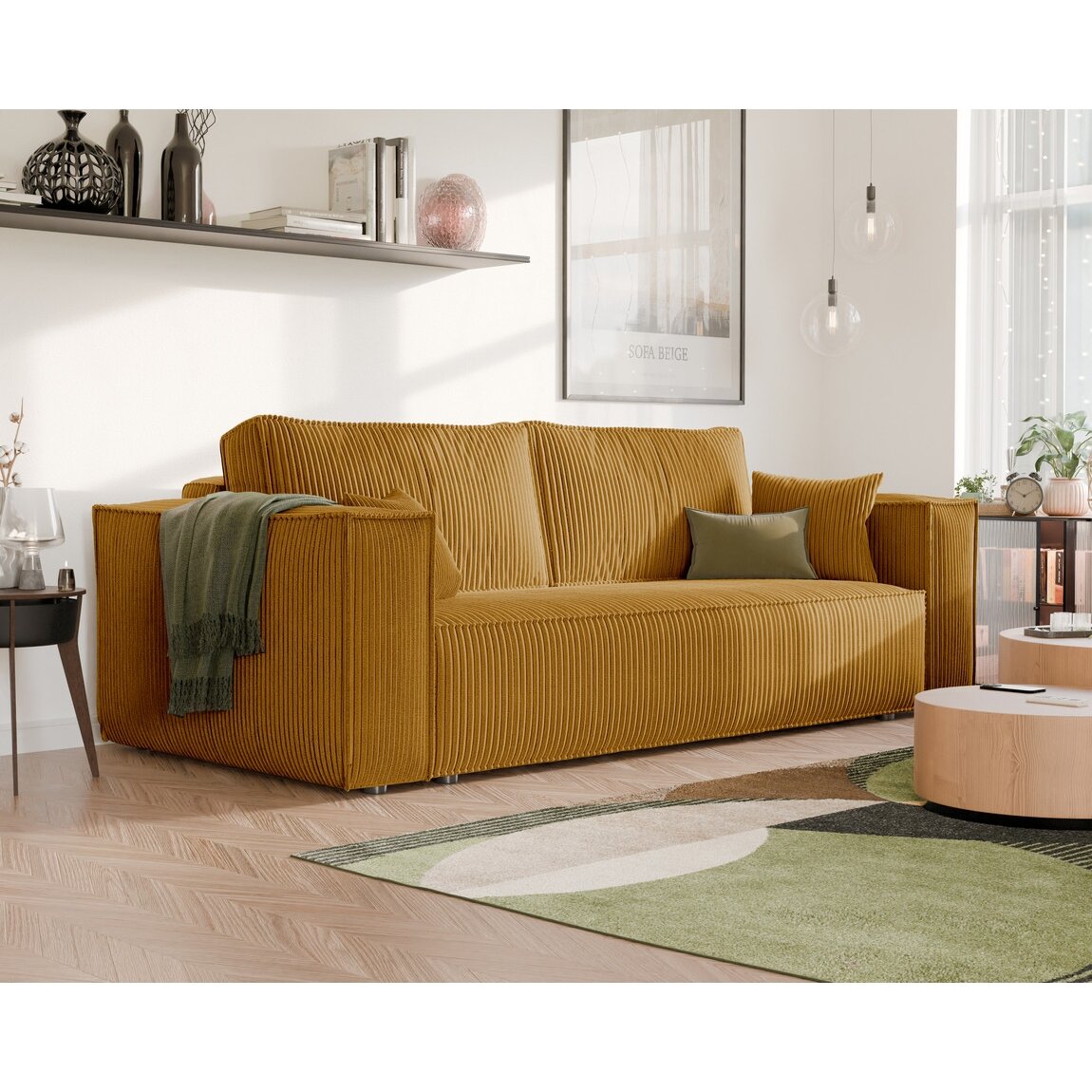 Minkšta kampinė sofa BALI su miego funkcija ir patalynės dėže Spalvos: Poso 01 (geltona)