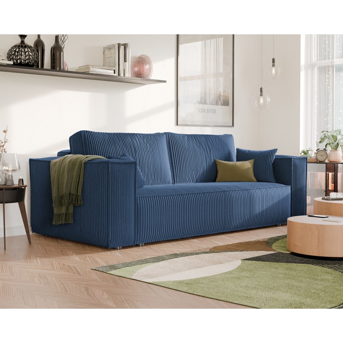 Minkšta kanapa sofa BALI su miego funkcija ir patalynės dėže Spalvos: Poso 05 (Tamsiai mėlyna)