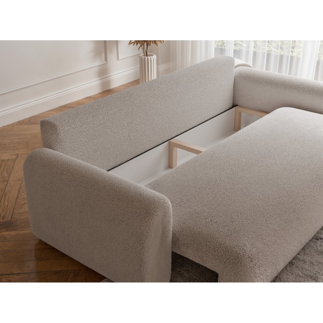 Trivietė išskleidžiama sofa JOBO su patalynės dėže Spalvos: Boucle C1 (kreminė) 3 Trivietė išskleidžiama sofa JOBO su patalynės dėže Spalvos: Boucle C1 (kreminė) 3