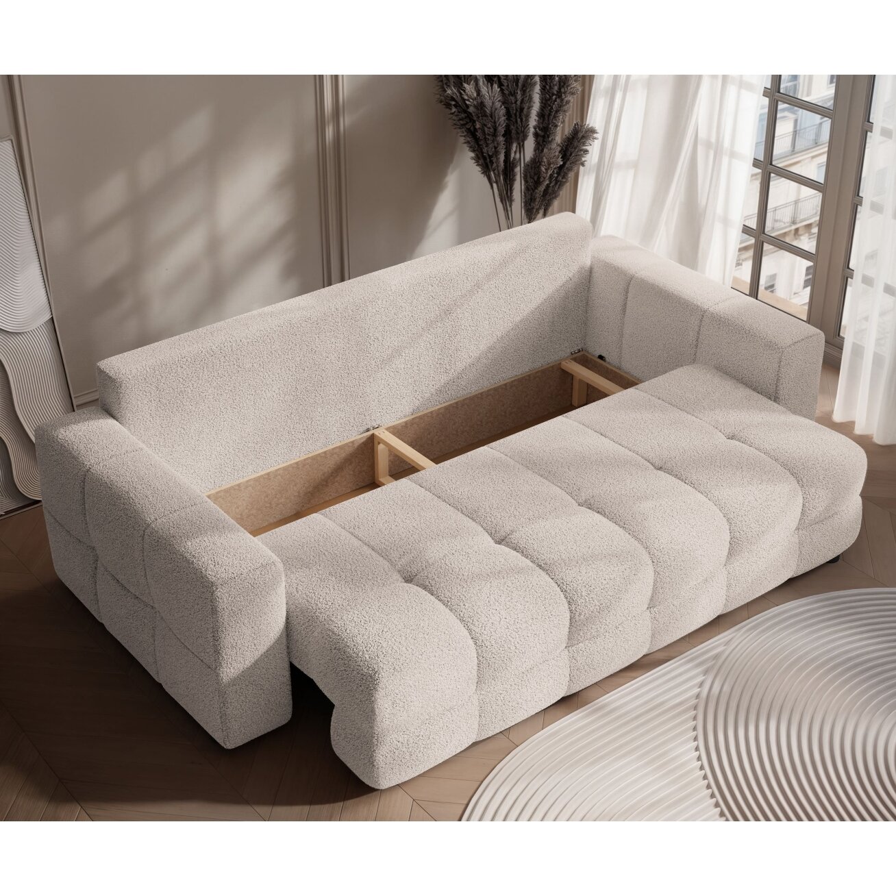 Trivietė išskleidžiama sofa MOLLY su patalynės dėže Spalvos: Quelle 05 (Pilka smėlio) 3 Trivietė išskleidžiama sofa MOLLY su patalynės dėže Spalvos: Quelle 05 (Pilka smėlio) 3