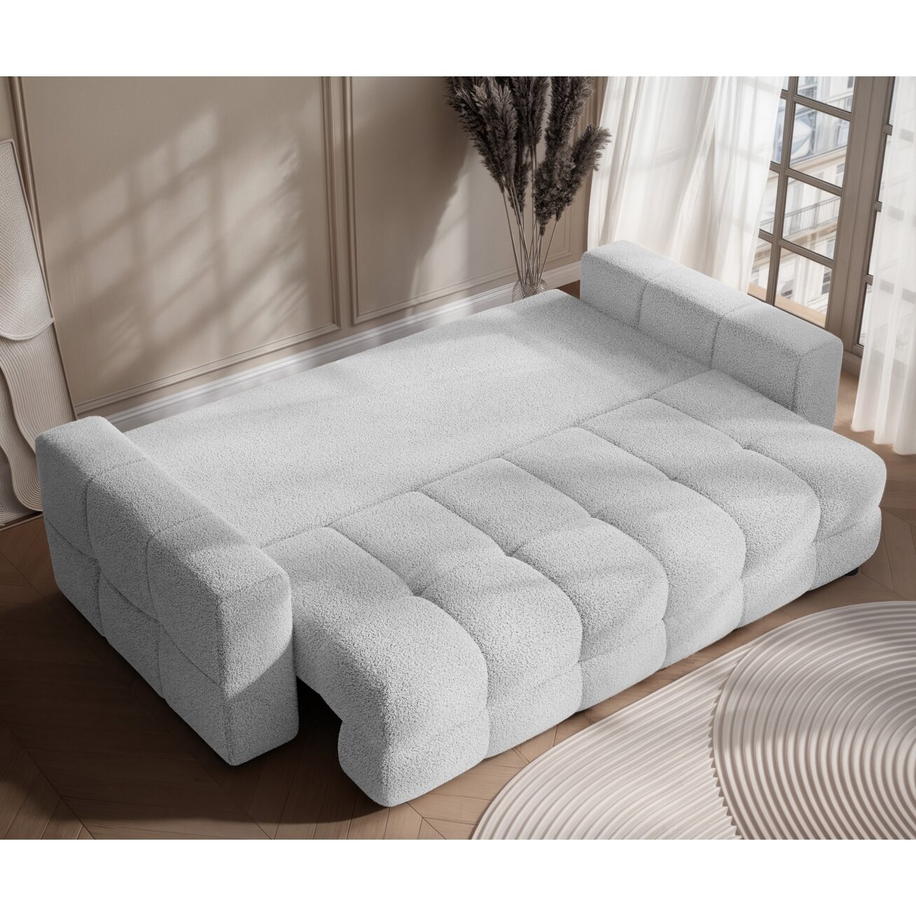 Trivietė išskleidžiama sofa MOLLY su patalynės dėže Spalvos: Quelle 83 (Šviesiai pilka) 3 Trivietė išskleidžiama sofa MOLLY su patalynės dėže Spalvos: Quelle 83 (Šviesiai pilka) 3
