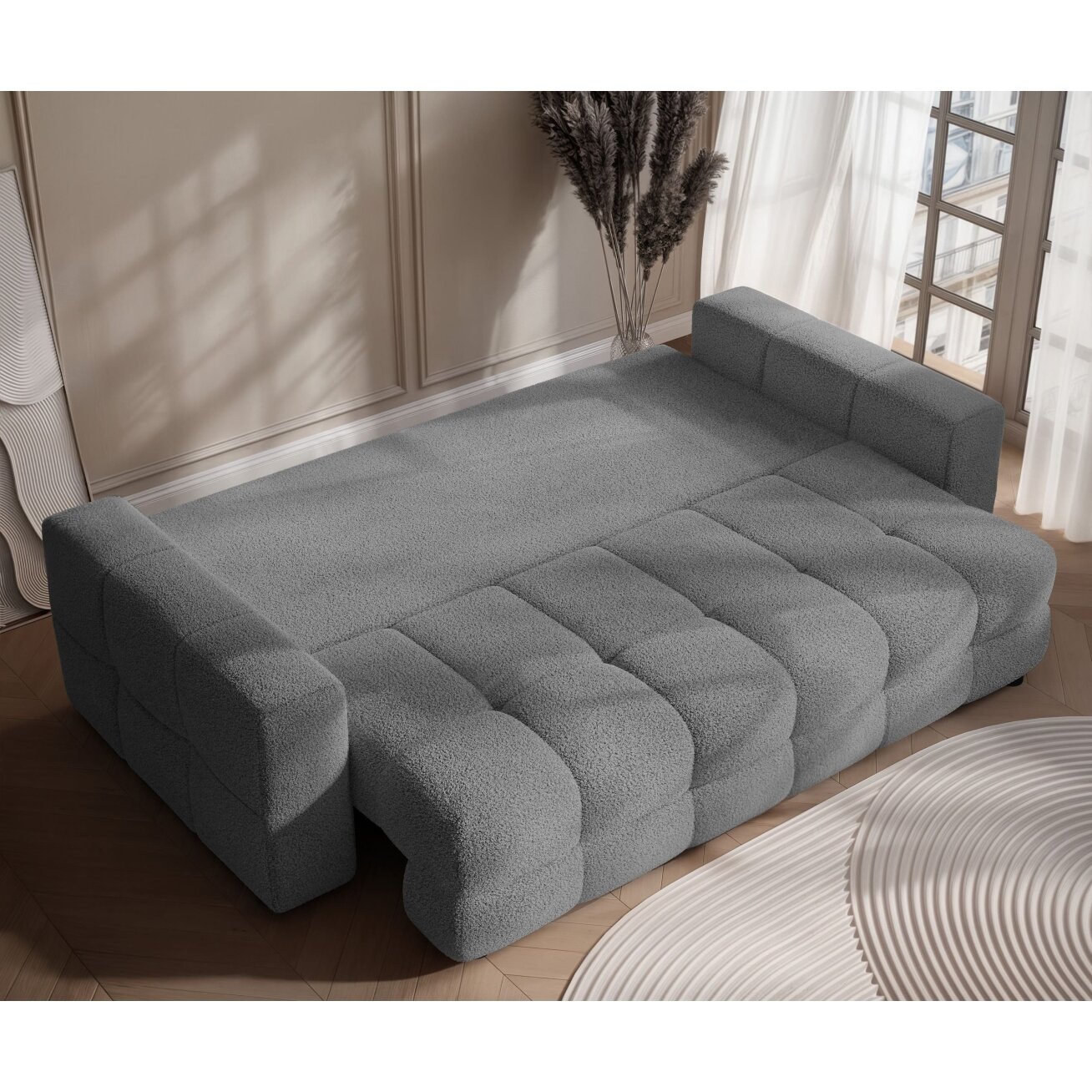 Trivietė išskleidžiama sofa MOLLY su patalynės dėže Spalvos: Quelle 92 (Pilka) 3 Trivietė išskleidžiama sofa MOLLY su patalynės dėže Spalvos: Quelle 92 (Pilka) 3