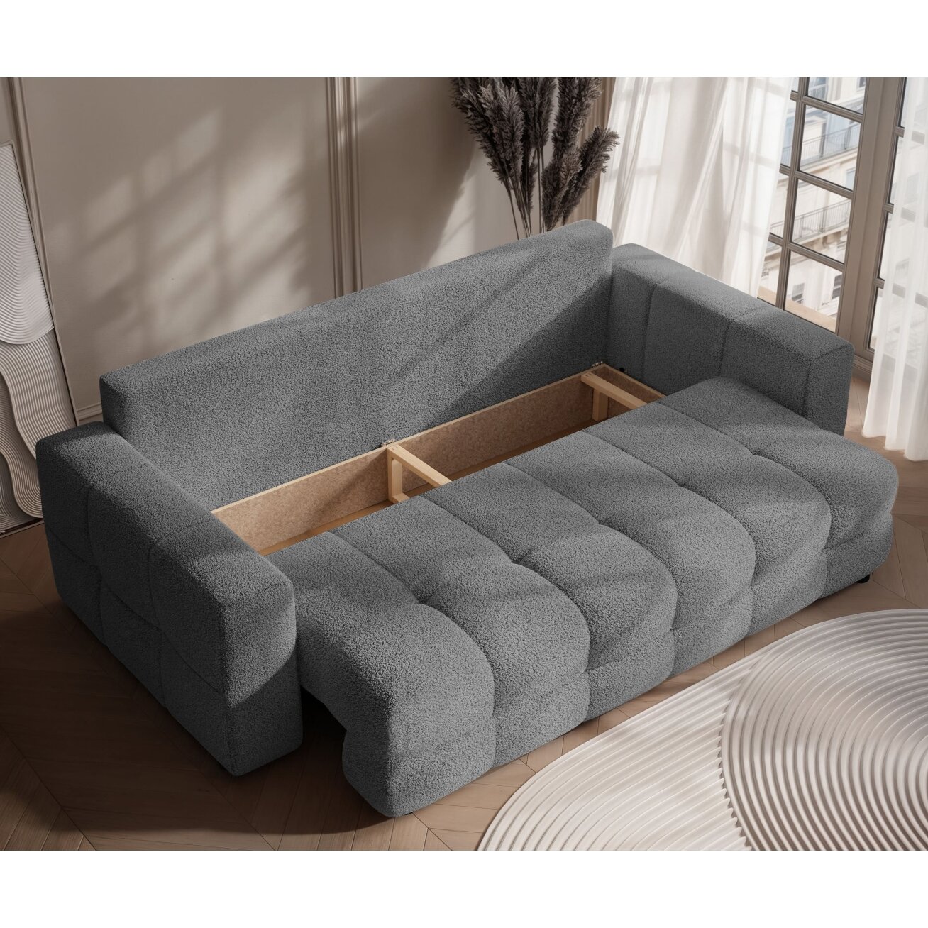 Trivietė išskleidžiama sofa MOLLY su patalynės dėže Spalvos: Quelle 92 (Pilka) 4 Trivietė išskleidžiama sofa MOLLY su patalynės dėže Spalvos: Quelle 92 (Pilka) 4