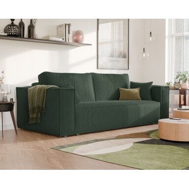 Minkšta kanapa sofa BALI su miego funkcija ir patalynės dėže Spalvos: Poso 14 (Butelių žalia)