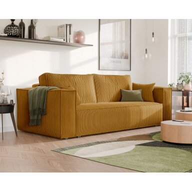 Minkšta kampinė sofa BALI su miego funkcija ir patalynės dėže Spalvos: Poso 01 (geltona)