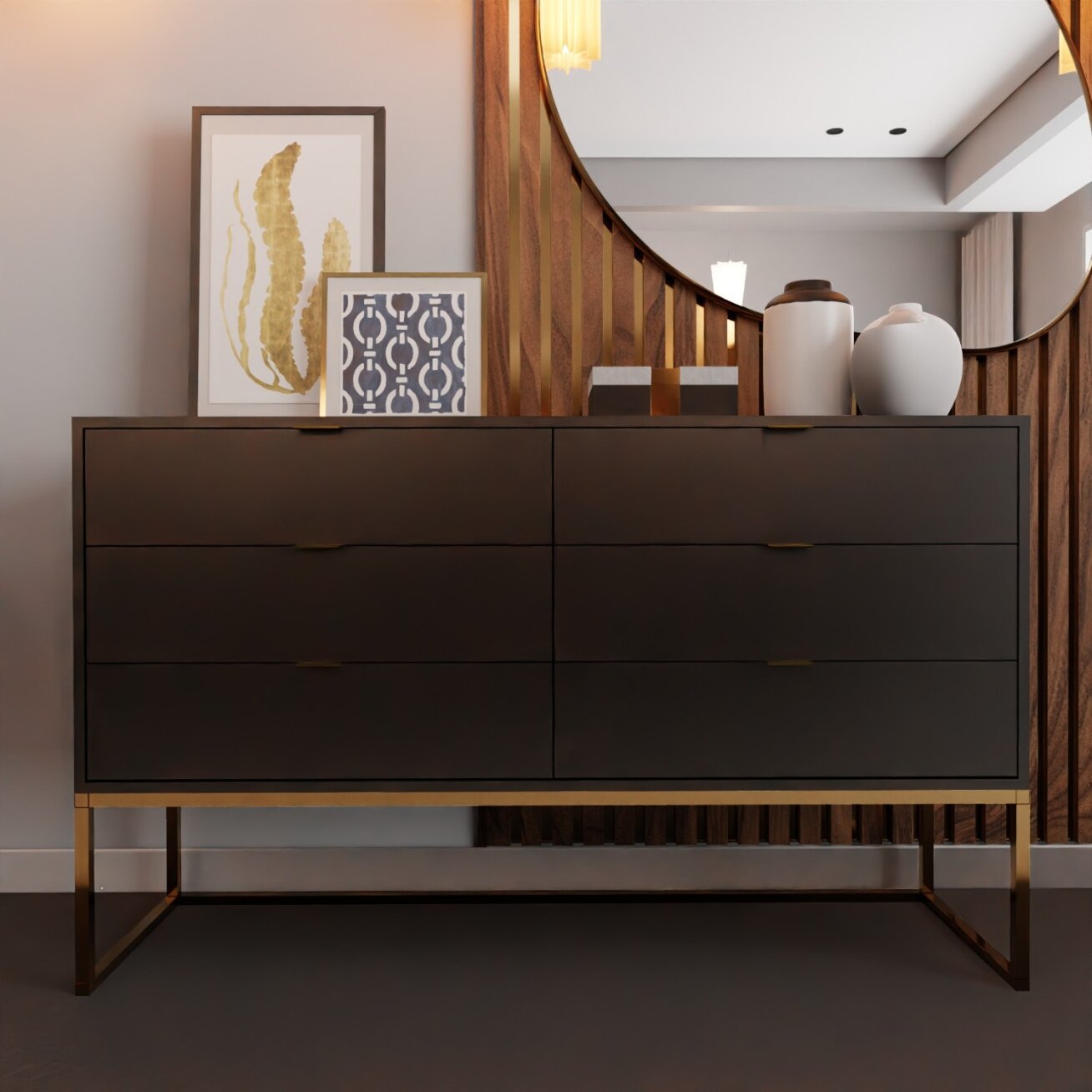 Komoda su stalčiais MILO ant metalinio rėmo 140 cm Spalvos: Matinis auksinis / matinis juodas
