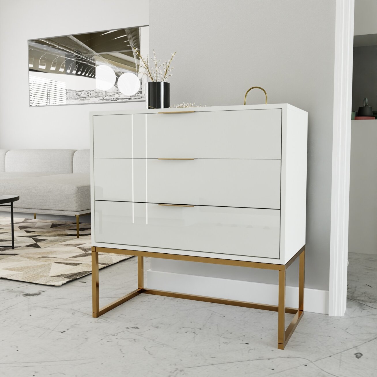 Komoda su stalčiais MILO ant metalinio rėmo 80 cm Spalvos: matinė auksinė / balta blizgi