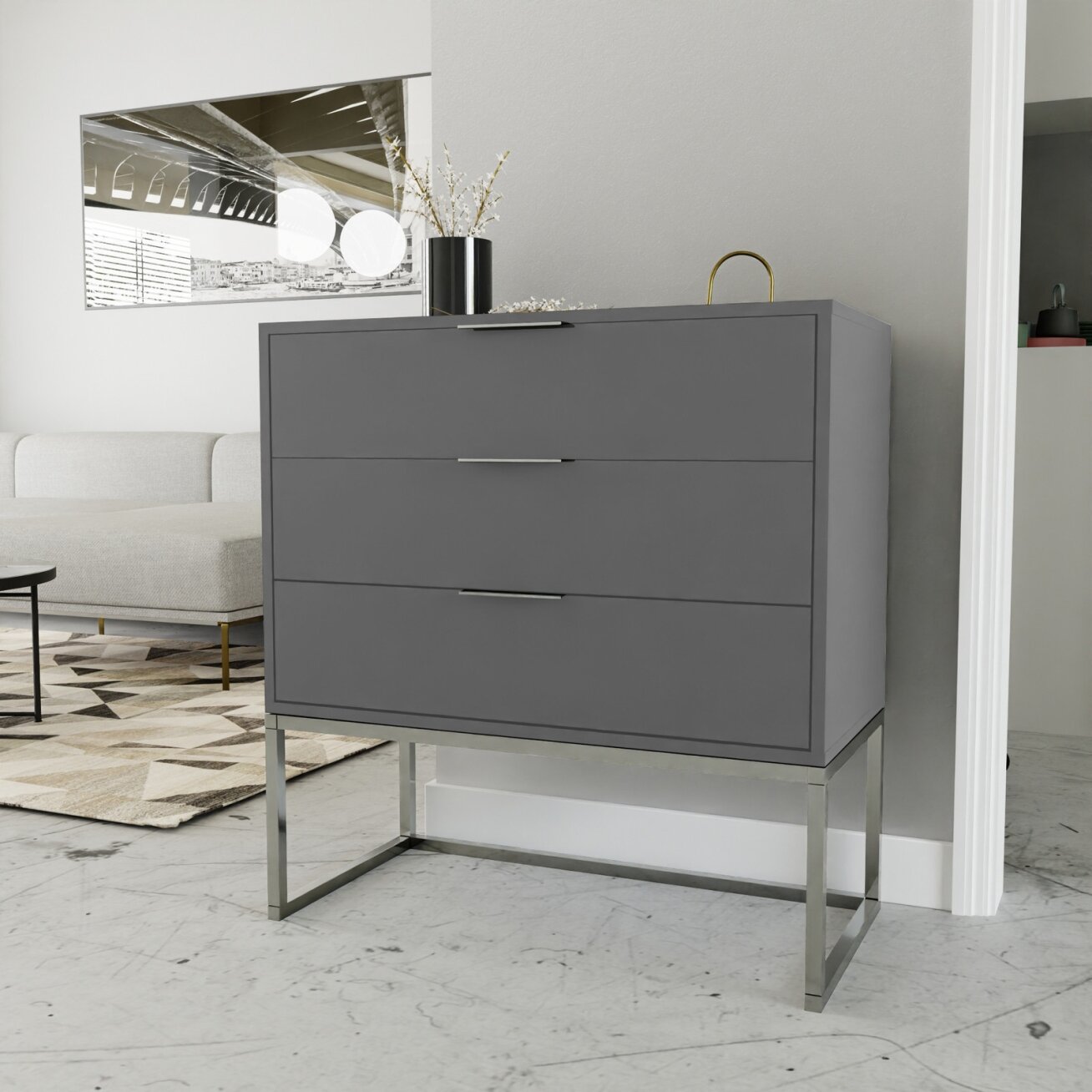 Komoda su stalčiais MILO ant metalinio rėmo 80 cm Spalvos: Chromas / platina