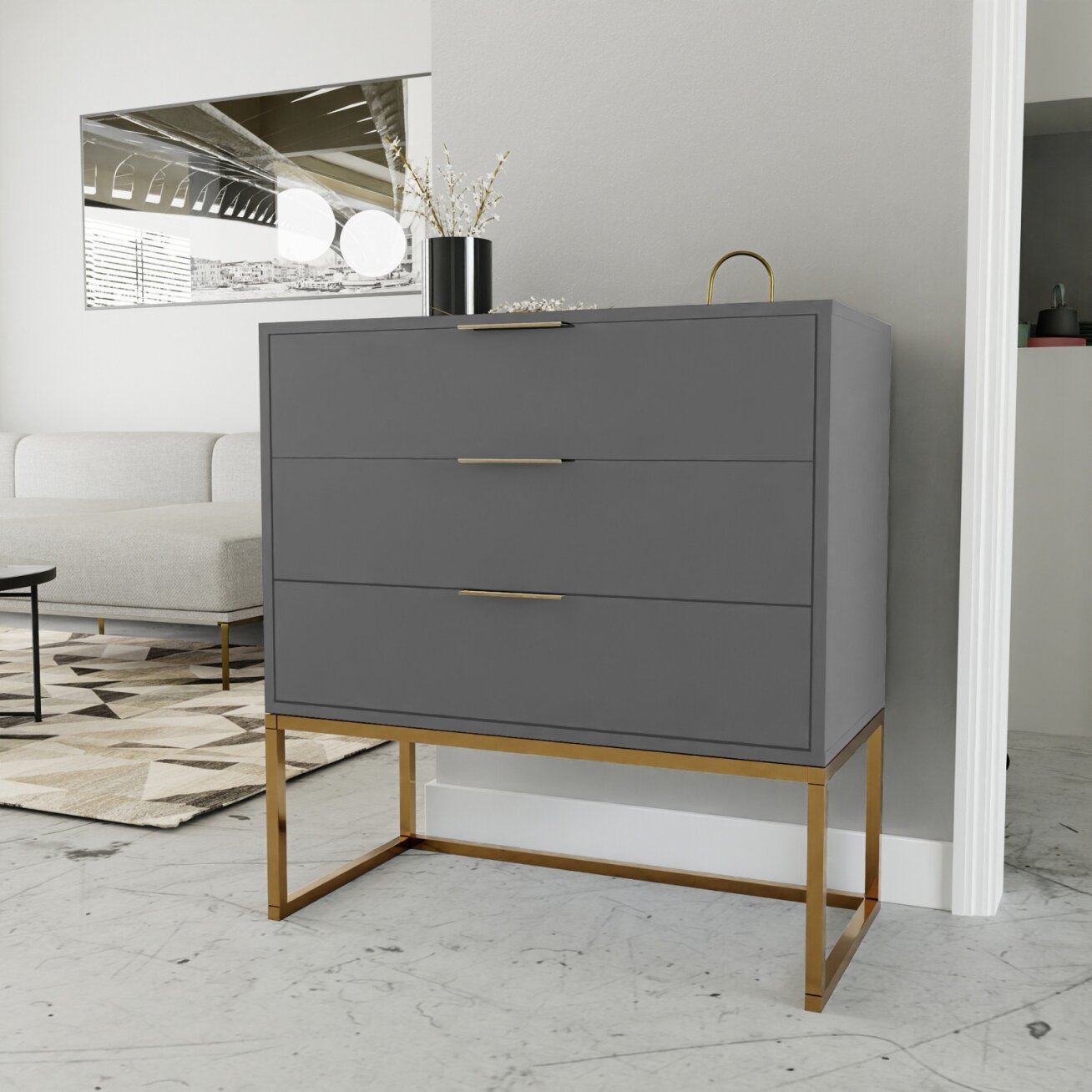 Komoda su stalčiais MILO ant metalinio rėmo 80 cm Spalvos: matinė auksinė / platina