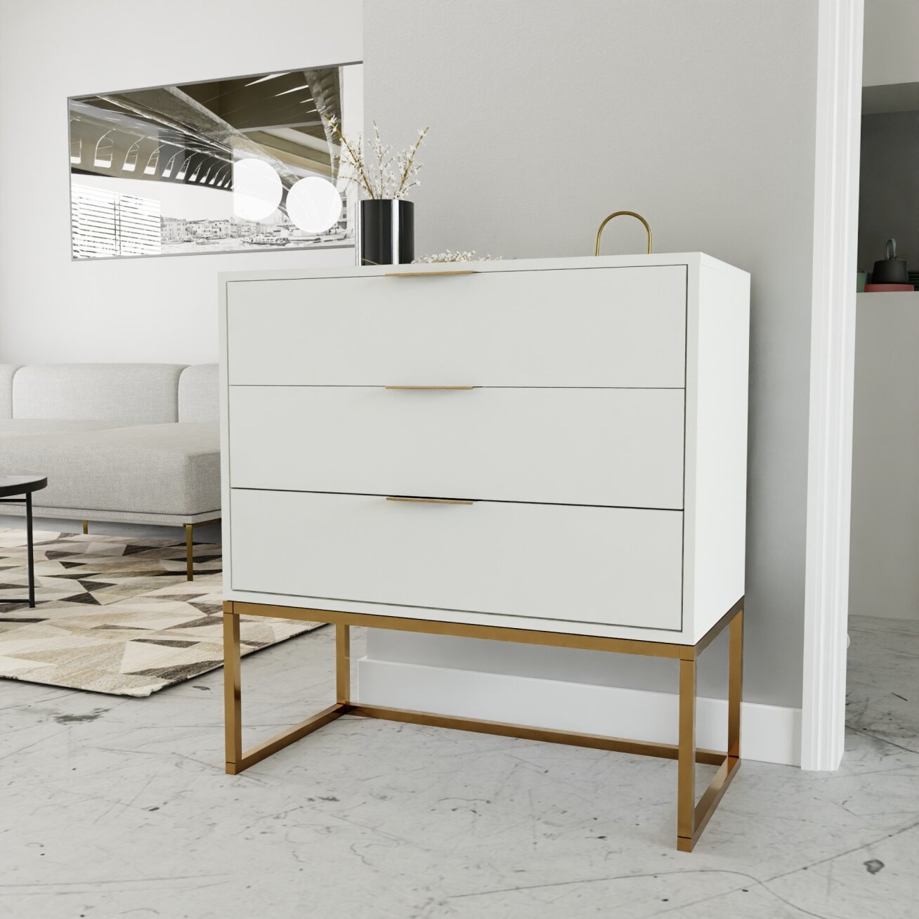Komoda su stalčiais MILO ant metalinio rėmo 80 cm Spalvos: matinė auksinė / matinė balta