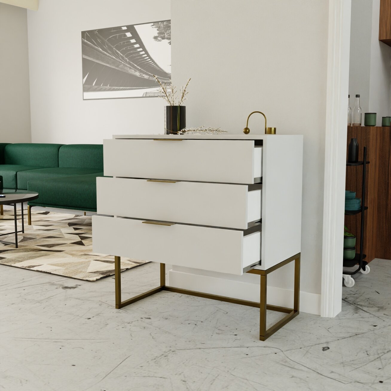 Komoda su stalčiais MILO ant metalinio rėmo 80 cm Spalvos: matinė auksinė / matinė balta 1