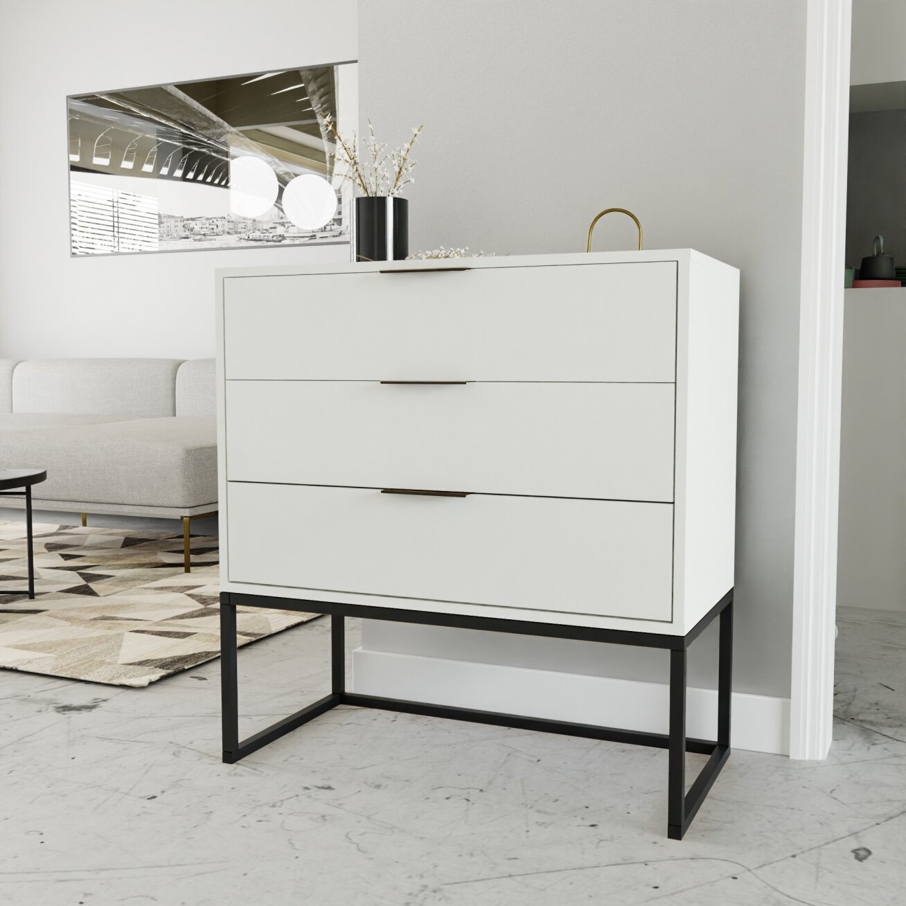 Komoda su stalčiais MILO ant metalinio rėmo 80 cm Spalvos: Juoda / balta matinė
