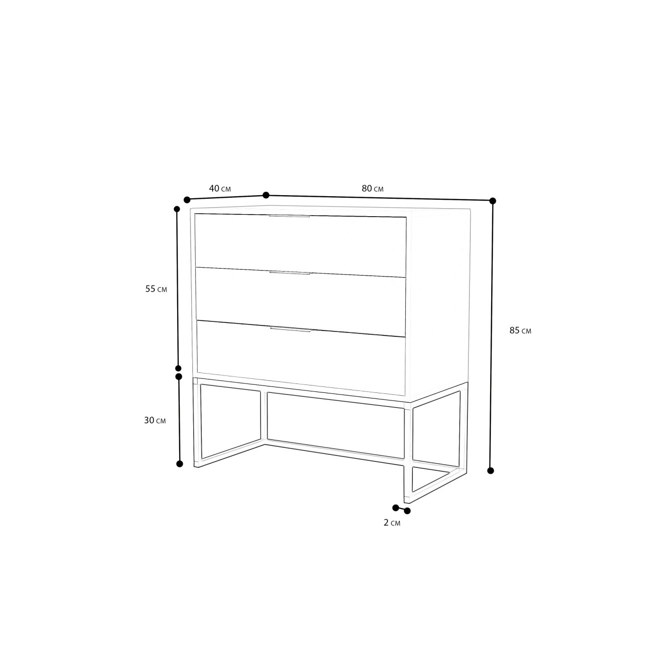Komoda su stalčiais MILO ant metalinio rėmo 80 cm Spalvos: Juoda / balta matinė 1