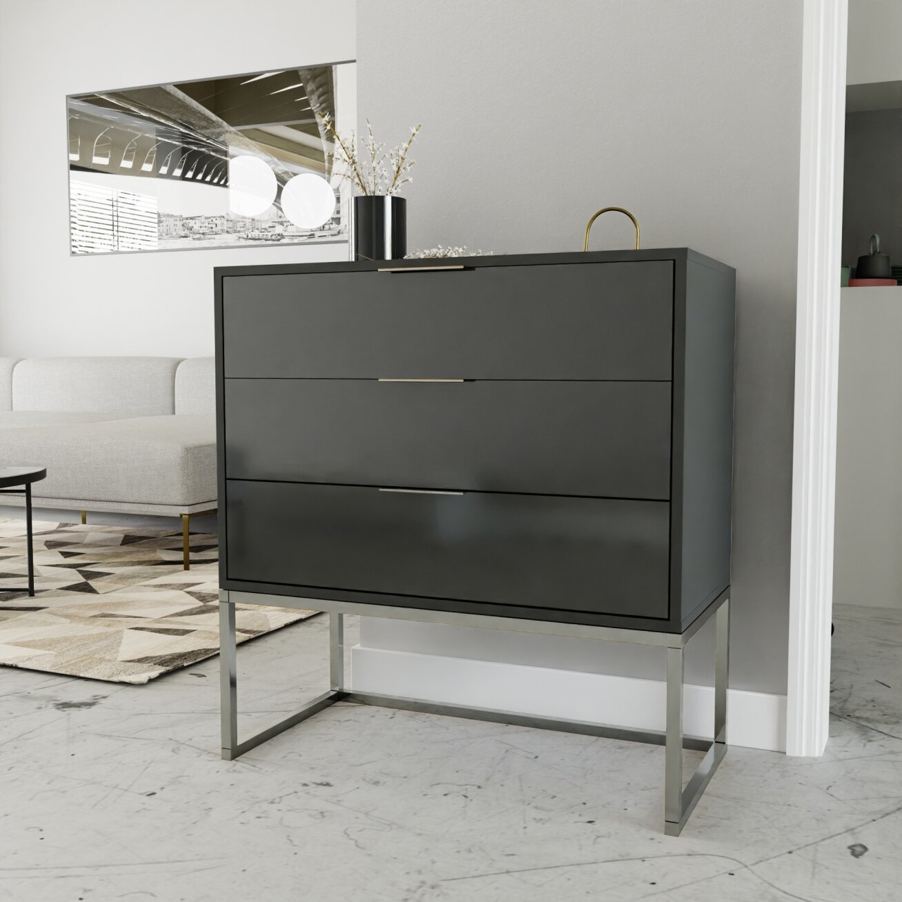 Komoda su stalčiais MILO ant metalinio rėmo 80 cm Spalvos: Chromas / juodas blizgus