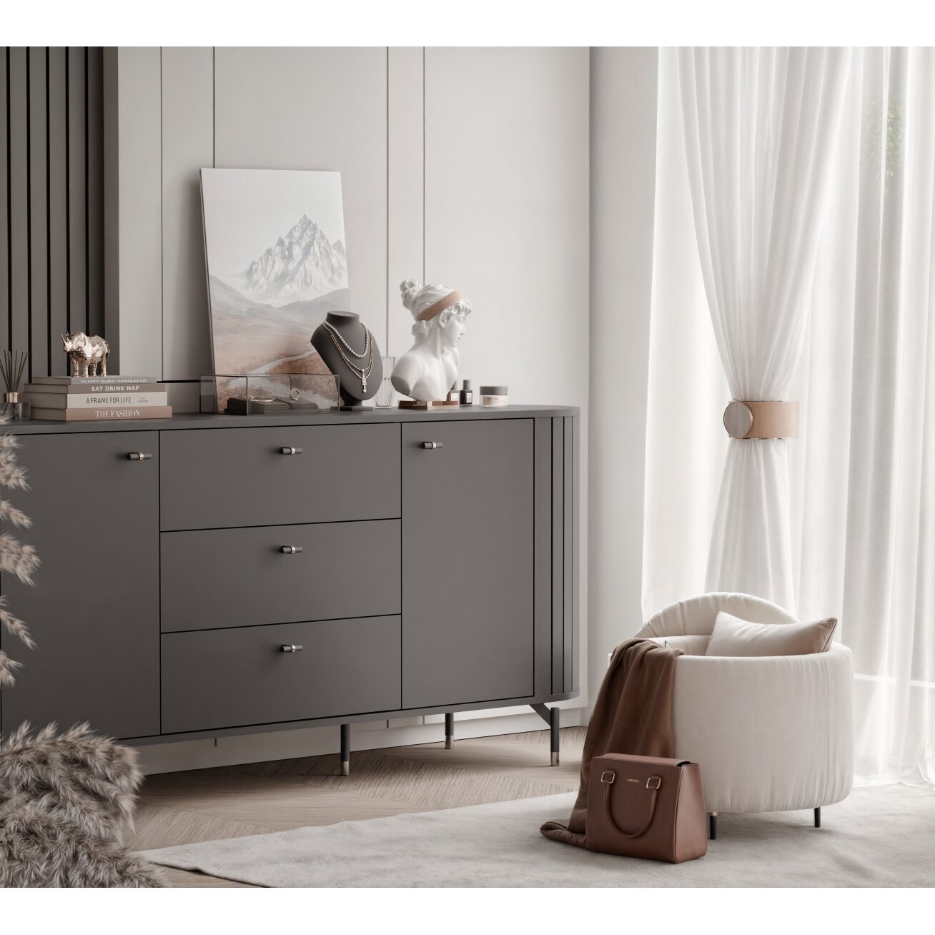 Komoda su stalčiais SENTO III 190 cm su rievėtu fasadu Spalva: Juoda 5