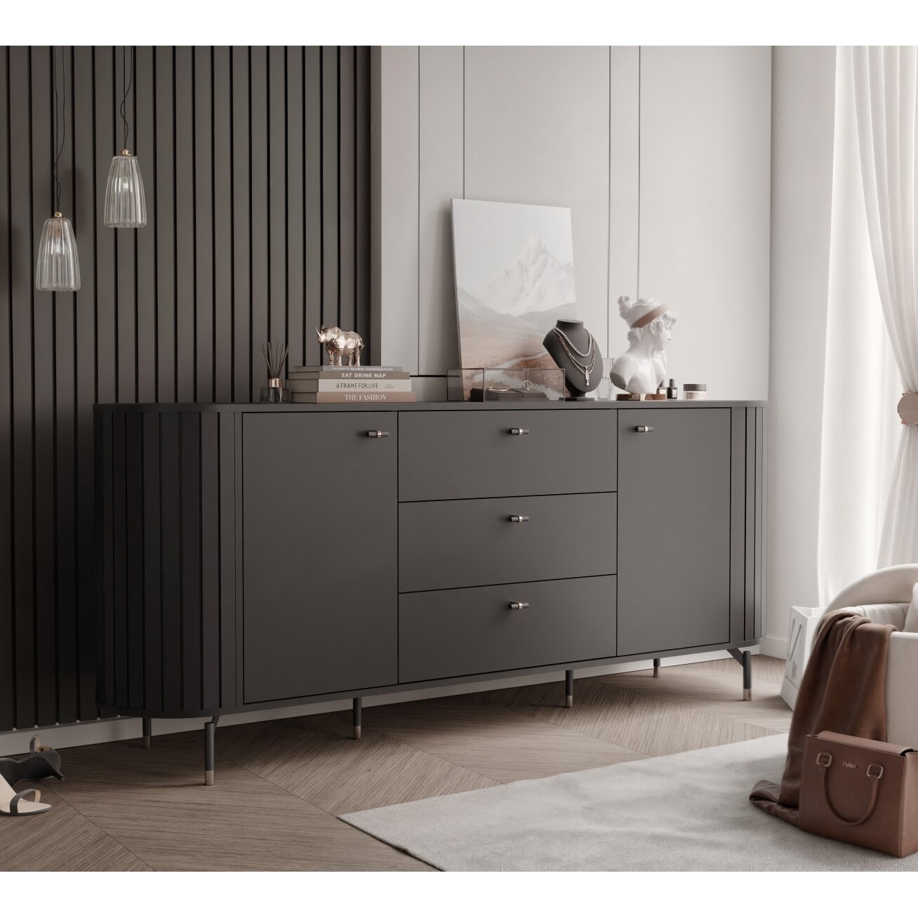 Komoda su stalčiais SENTO III 190 cm su rievėtu fasadu Spalva: Juoda