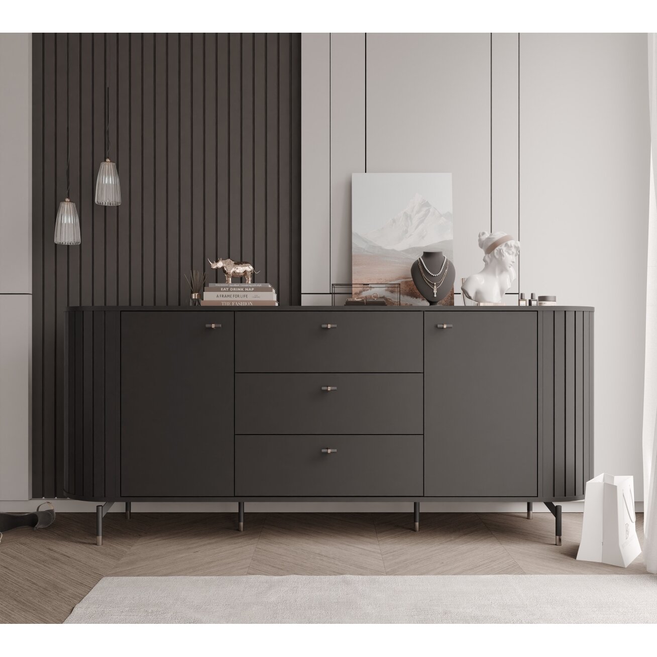 Komoda su stalčiais SENTO III 190 cm su rievėtu fasadu Spalva: Juoda 1