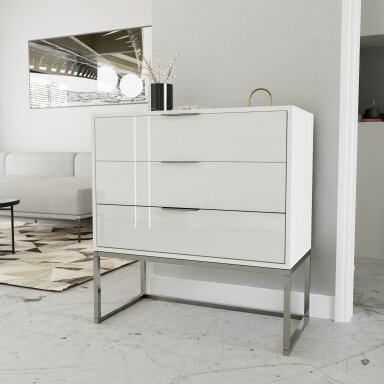 Komoda su stalčiais MILO ant metalinio rėmo 80 cm Spalvos: chromas / blizgi balta