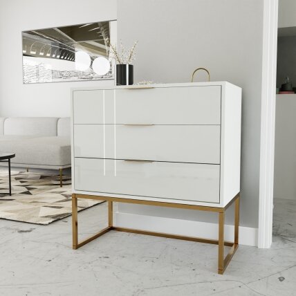 Komoda su stalčiais MILO ant metalinio rėmo 80 cm Spalvos: matinė auksinė / balta blizgi