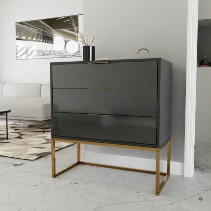 Komoda su stalčiais MILO ant metalinio rėmo 80 cm Spalvos: matinė auksinė / juoda blizgi