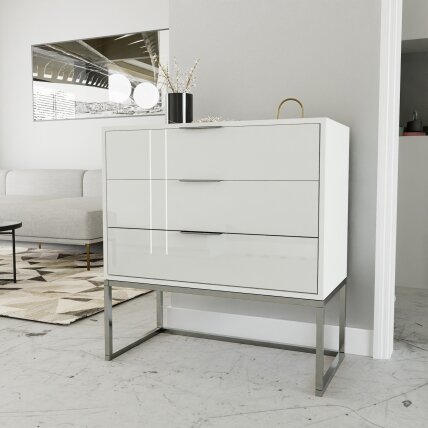 Komoda su stalčiais MILO ant metalinio rėmo 80 cm Spalvos: chromas / blizgi balta