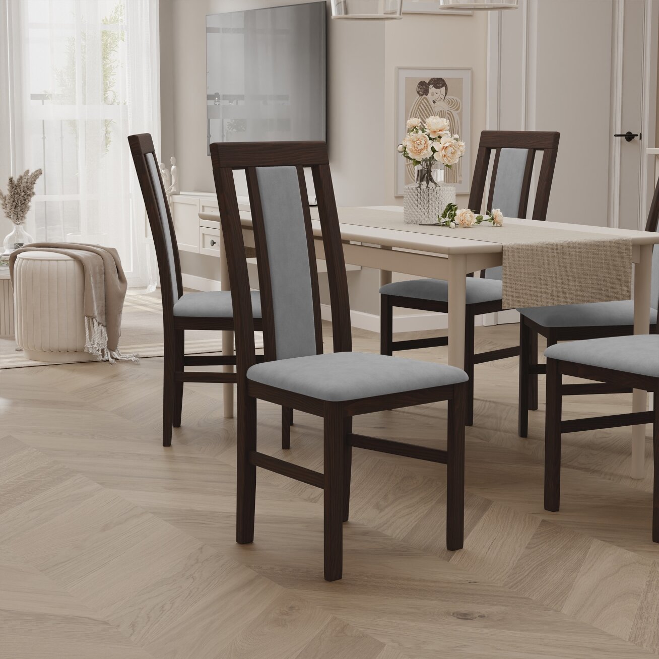 Valgomojo kėdė RAW Spalvos: Riviera 91 (Šviesiai pilka), medienos atspalvis: Riešutas 3 Valgomojo kėdė RAW Spalvos: Riviera 91 (Šviesiai pilka), medienos atspalvis: Riešutas 3
