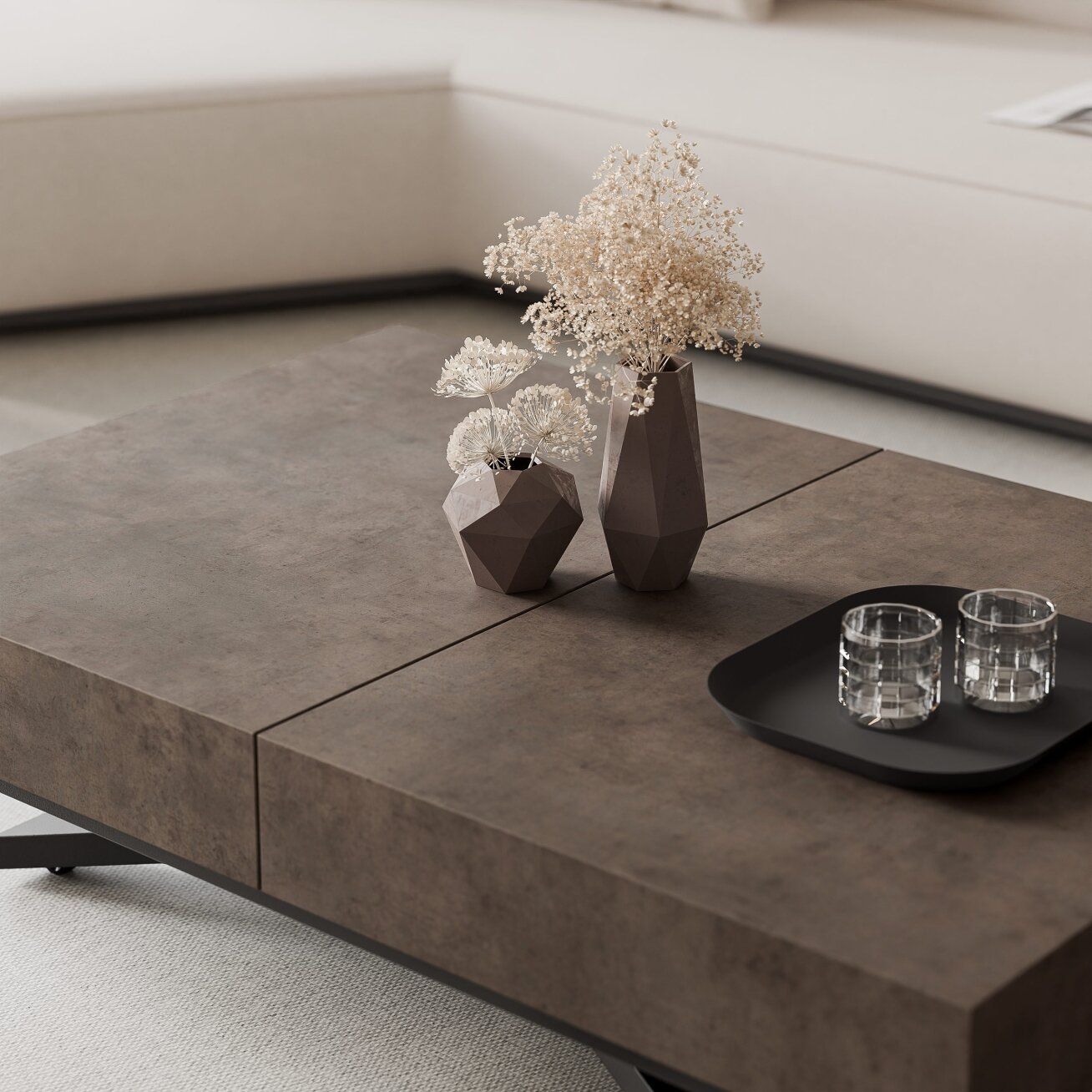 Išskleidžiamas kavos staliukas SANELLE X su aukščio reguliavimo galimybe Spalvos: Juoda / dark grey chicago concrete 2 Išskleidžiamas kavos staliukas SANELLE X su aukščio reguliavimo galimybe Spalvos: Juoda / dark grey chicago concrete 2