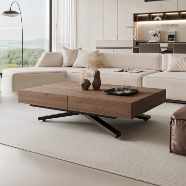 Išskleidžiamas kavos staliukas SANELLE X su aukščio reguliavimo galimybe Spalvos: Juoda / truffle brown davos oak