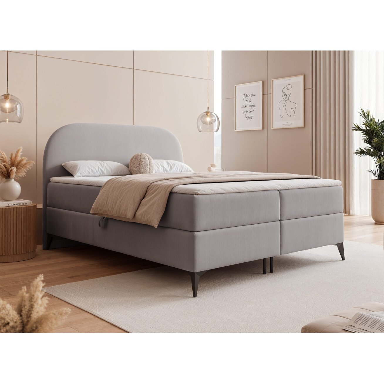 Kontinentinė lova ant kojelių NOELIA su patalynės dėže Miegamoji dalis: 160x200 cm, Spalva: Jasmine 90 (Pilka), Topperis: taip