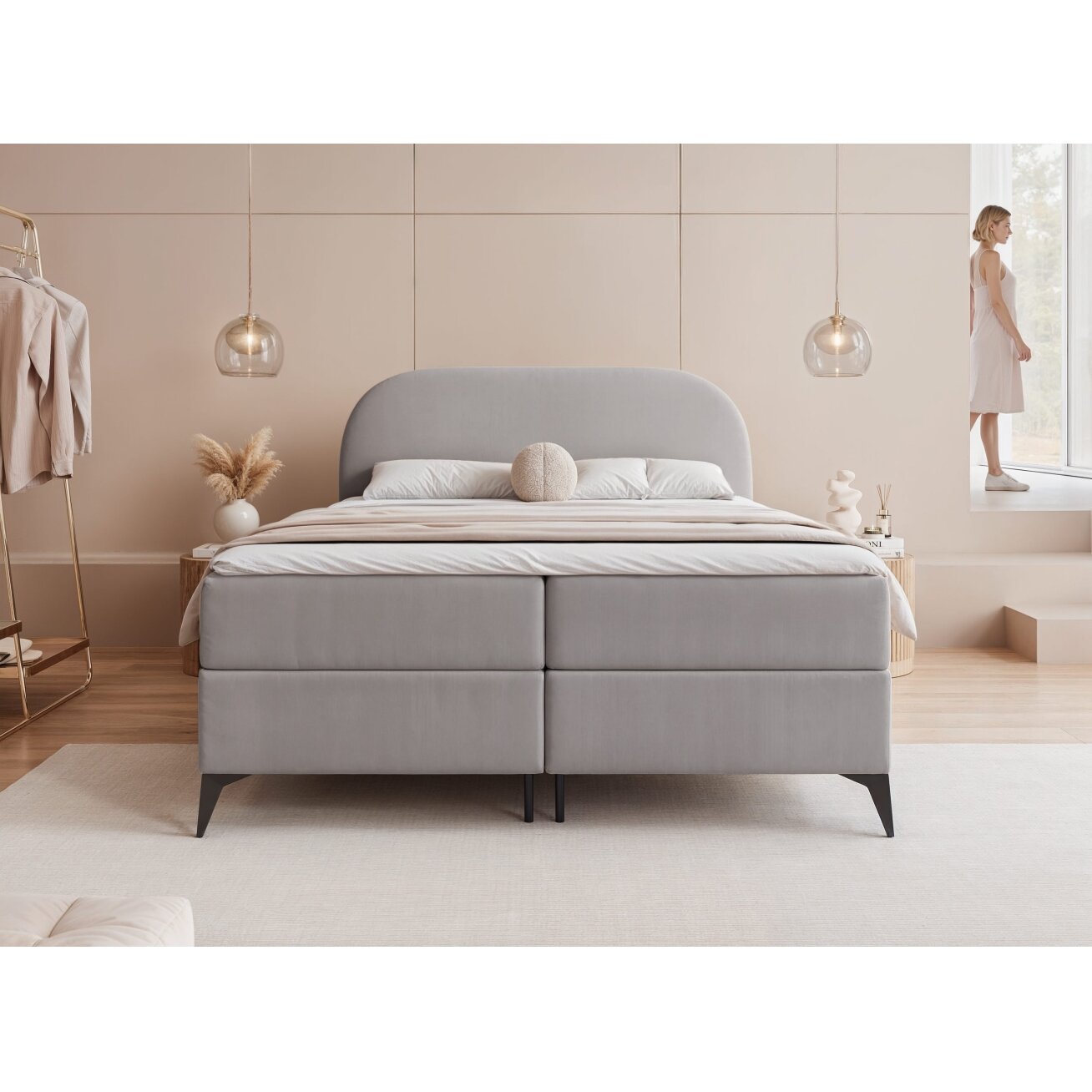 Kontinentinė lova ant kojelių NOELIA su patalynės dėže Miegamoji dalis: 160x200 cm, Spalva: Jasmine 90 (Pilka), Topperis: taip 2