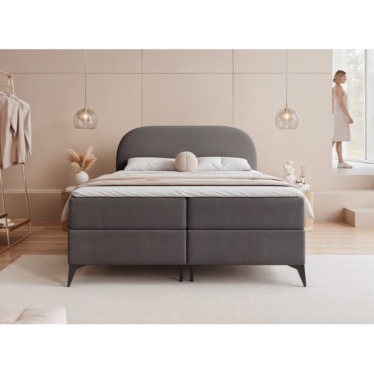 Kontinentinė lova ant kojelių NOELIA su patalynės dėže Miegamoji zona: 180x200 cm, Spalvos: Jasmine 96 (Tamsiai pilka), Topperis: ne 2