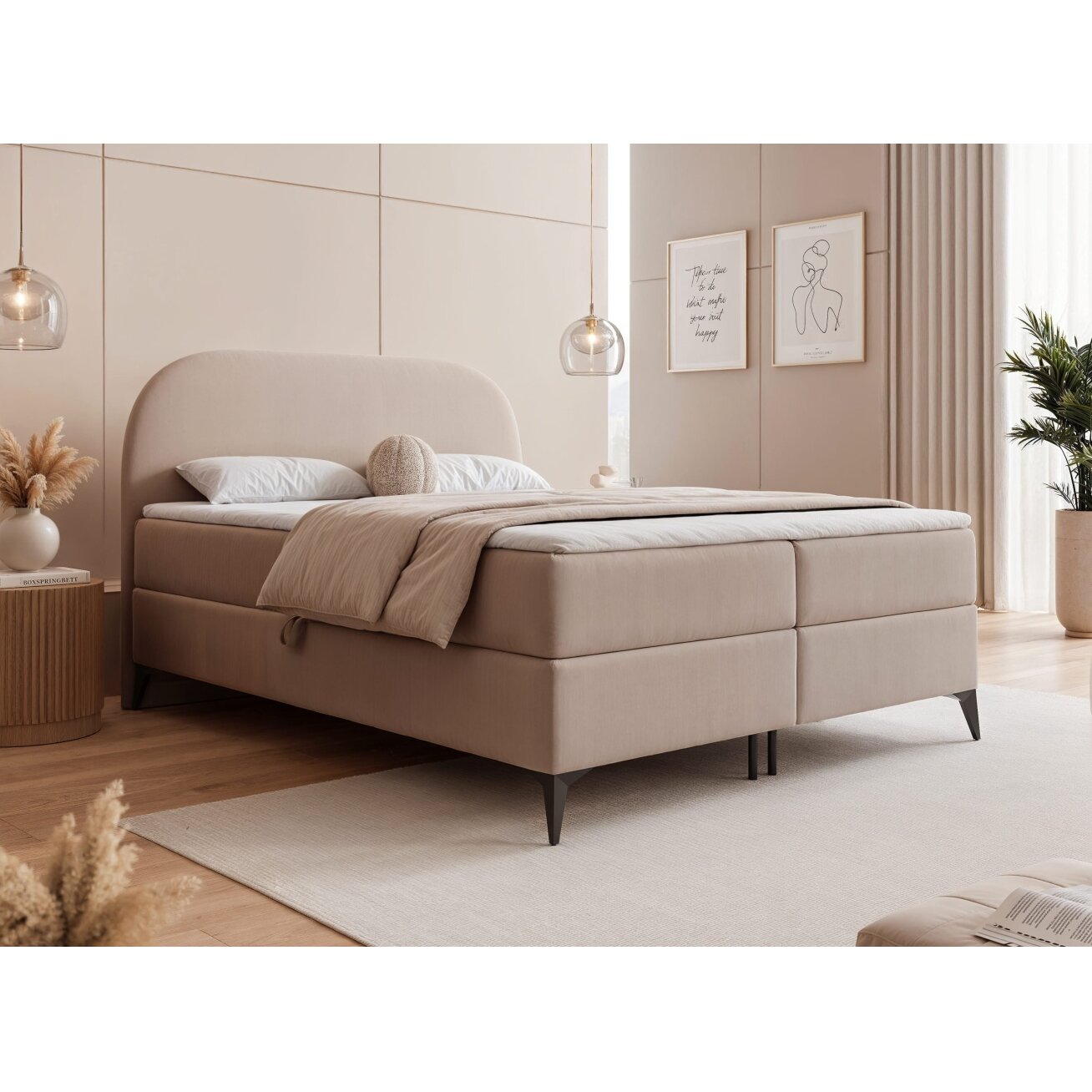 Kontinentinė lova ant kojelių NOELIA su patalynės dėže Miegojimo plotas: 140x200 cm, Spalvos: Jasmine 22 (Smėlio), Topperis: ne