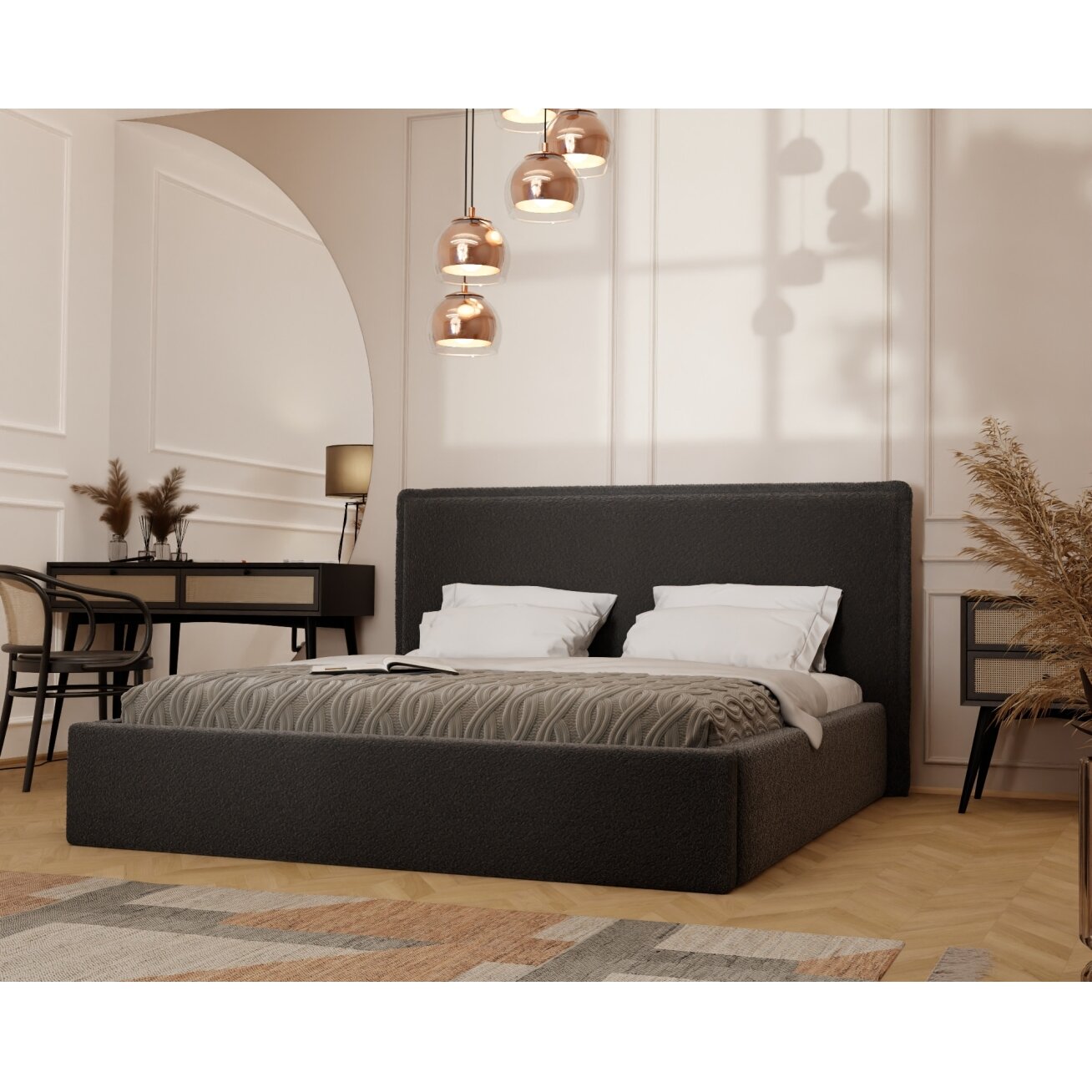 Minkšta lova COFY su medinėmis grotelėmis ir patalynės dėže Spalvos: Gerra 75 (Juoda), miegamoji zona: 180x200 cm 3
