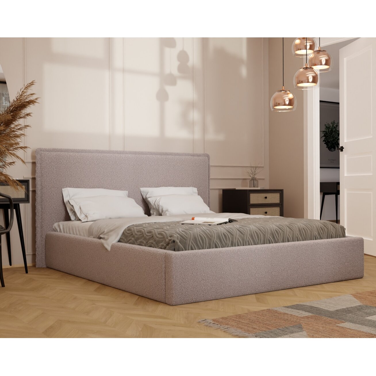 Minkšta lova COFY su mediniu groteliniu pagrindu ir patalynės dėže Spalvos: Gerra 20 (pudrinė rožinė), Miegamoji zona: 180x200 cm