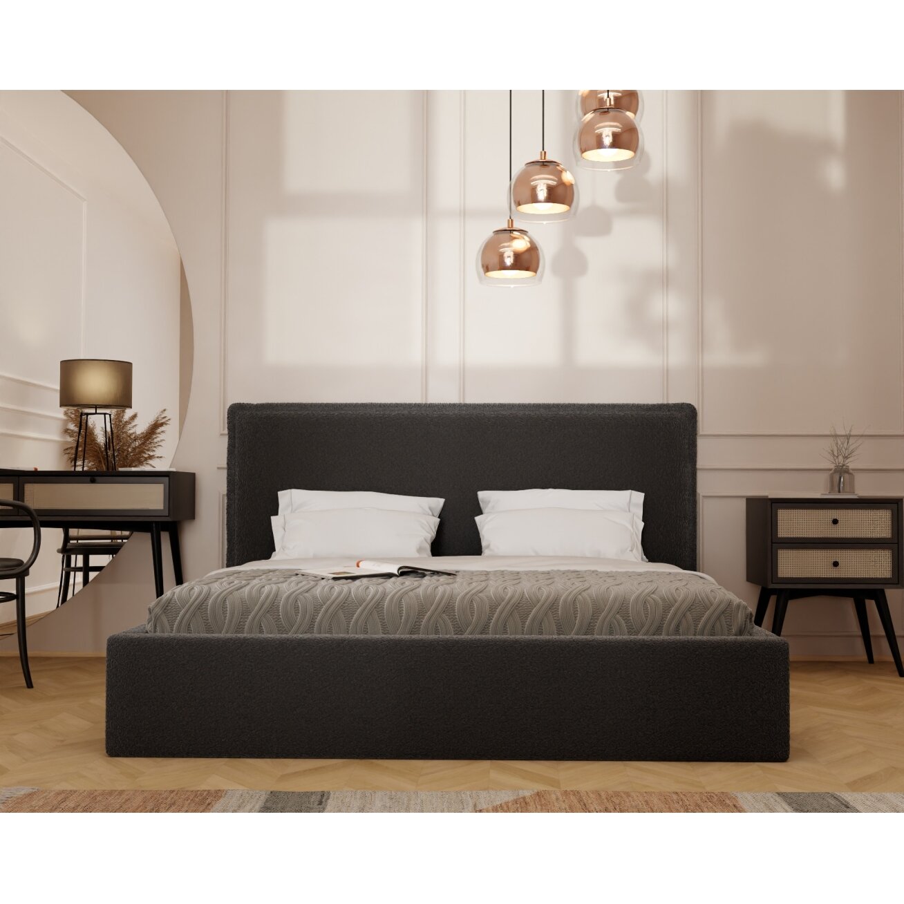 Minkšta lova COFY su mediniu grotelių pagrindu ir patalynės dėže Spalvos: Gerra 75 (Juoda), miegamoji zona: 160x200 cm 2