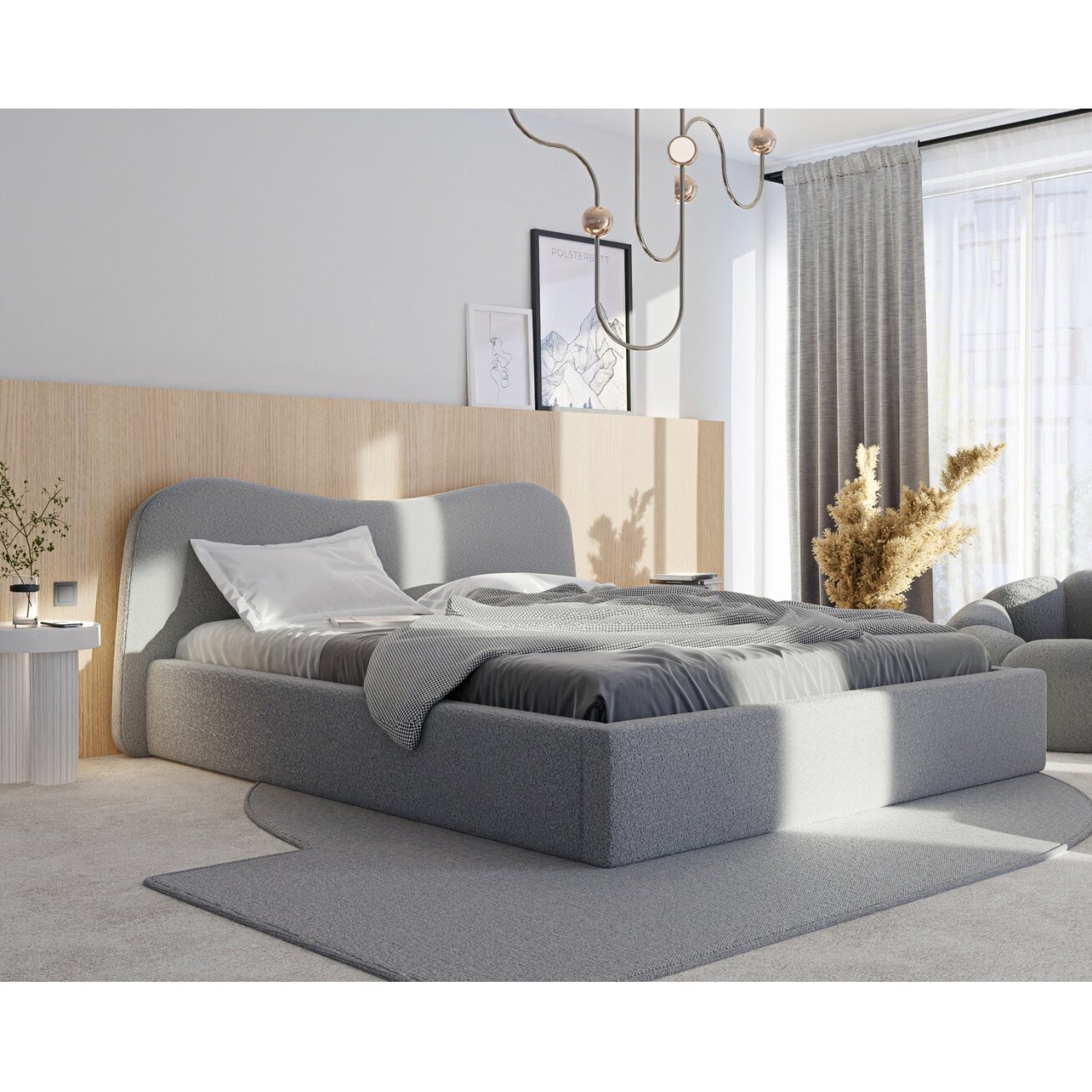 Minkšta lova COZY su mediniu grotelių pagrindu ir patalynės dėže Spalvos: Gerra 70 (Pilka), miegamoji zona: 180x200 cm