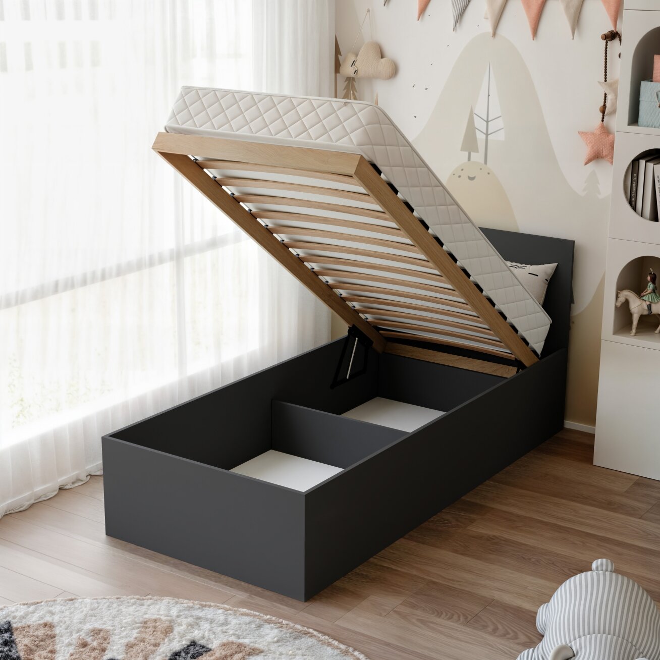 Lova su mediniu grotelių pagrindu SIMPLE 90x200 cm Spalvos: Juoda, Putų čiužinys: ne 1 Lova su mediniu grotelių pagrindu SIMPLE 90x200 cm Spalvos: Juoda, Putų čiužinys: ne 1